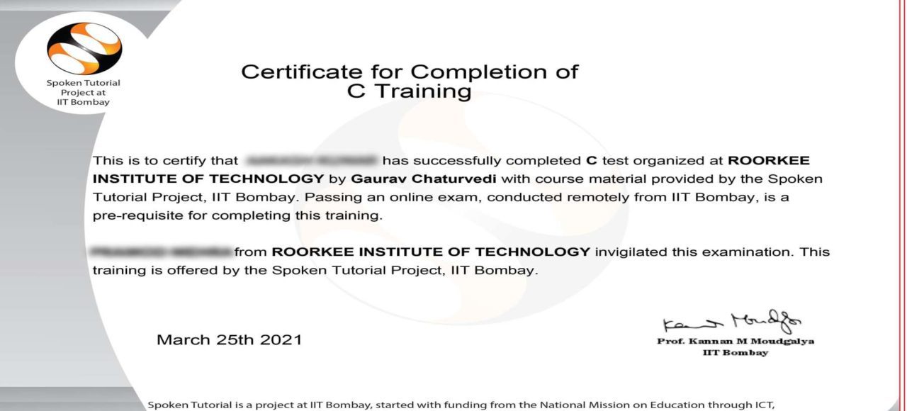 Certification of C training IIT bombay